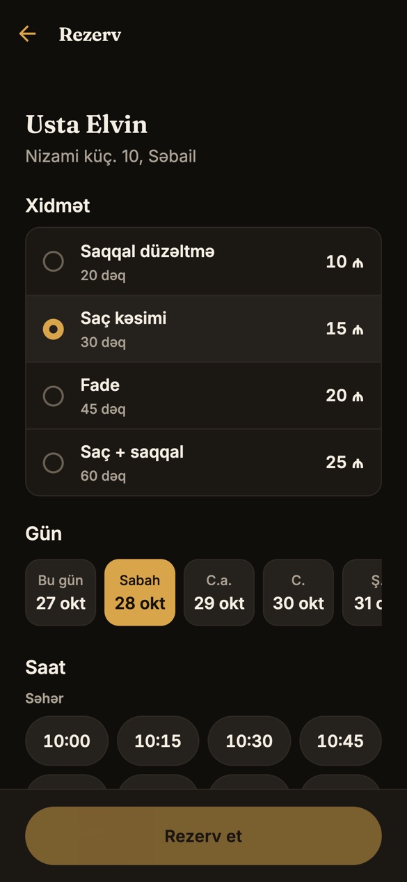Rezerv ekranı: xidmət, gün və boş saat seçimi